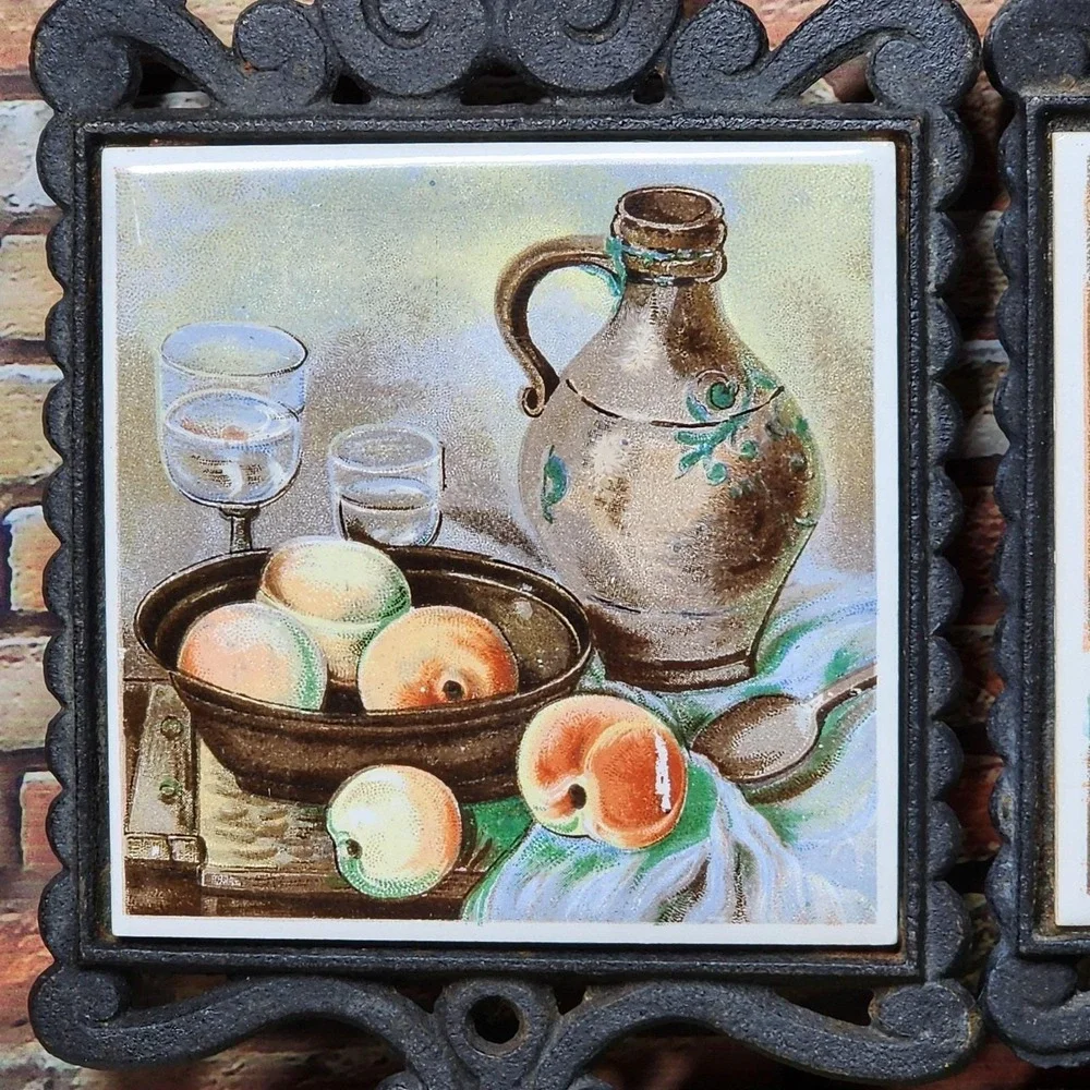 Vintage‎ Enesco Cast Iron Trivets Still Life Wall Plaques Pair Kitchen Japan MCM